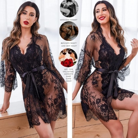Sexy Lingerie Set 2 Piece Lace Kimono Robe with Lace Teddy Nightie Bodysuit - Picture 3 of 7